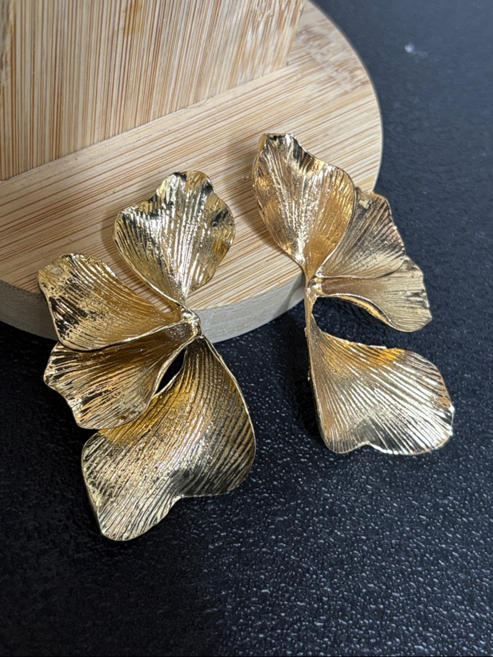 Chunky Gold Floral Petal Drop Earrings - Elegant Women Jewelry Runway - Picture 2 of 6